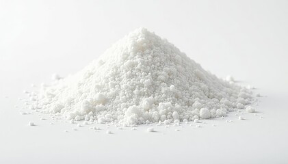 Pile of white granulated sugar on white background, sugar crystals, macro, sugar bowl