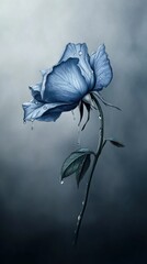 Blue rose, rain-soaked, drooping, somber background.