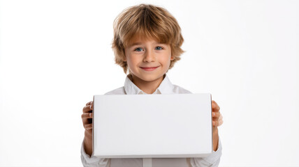 Fototapeta premium A professional graphic showing young boy holding white sign in hands, ideal for creative, commercial, or editorial purposes.