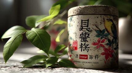 Vintage Decorative Jar with Floral Design and Leaves on Wooden Table