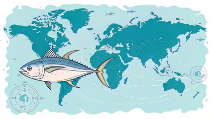 Flat world map over a turquoise background, featuring stylized tuna circling the globe for World Tuna Day.