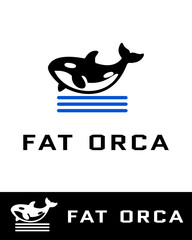 A minimalist and bold logo design featuring a stylized orca whale above blue wave lines