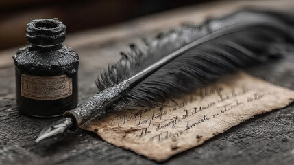 Vintage Feather Pen and Ink Bottle on Rustic Wooden Surface