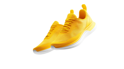 Yellow Running Shoes Floating in Air on Transparent Background