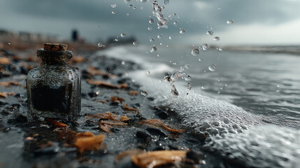 Vintage Glass Bottle on Shore with Waves and Splashing Water