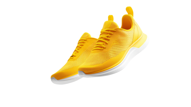 Yellow Running Shoes Floating in Air on Transparent Background