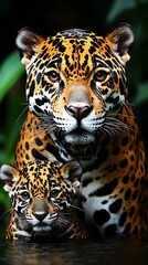 Obraz premium Majestic jaguar mother and cub in dark, lush foliage