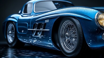 Fototapeta premium A striking blue sports car shines under soft lighting, showcasing its sleek curves and details