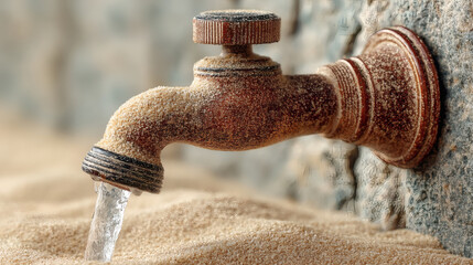 Vintage Faucet with Water Flowing from Sand Surface in Desert Setting