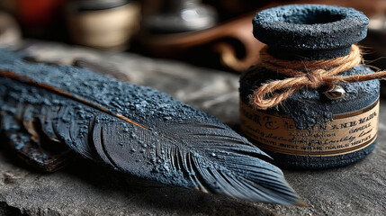 Vintage Ink Jar and Feather Quill with Rustic Background Details