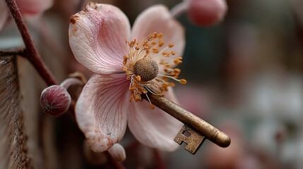Vintage Key Nestled in Delicate Pink Flower Petals Capturing Nature's Beauty