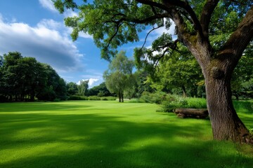 Obraz premium Green Field Under Sky with Trees
