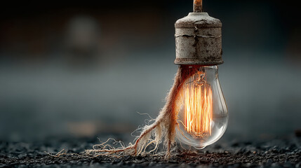 Vintage Light Bulb with Exposed Filament and Textured Background