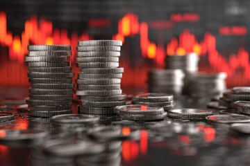 Stacks of silver coins on a reflective surface, against a backdrop of fluctuating market data