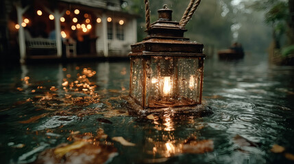 Vintage Lantern in Water with Soft Lights and Atmospheric Background