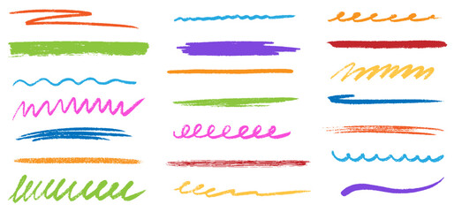 Colorful crayon pencil scribble lines. Kids hand drawing doodle charcoal squiggles, chalk curly lines. Multi colored pencil sketchy lines. Grungy smears and rough crayon strokes. Vector illustration