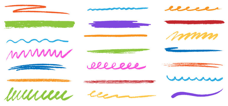 Colorful crayon pencil scribble lines. Kids hand drawing doodle charcoal squiggles, chalk curly lines. Multi colored pencil sketchy lines. Grungy smears and rough crayon strokes. Vector illustration