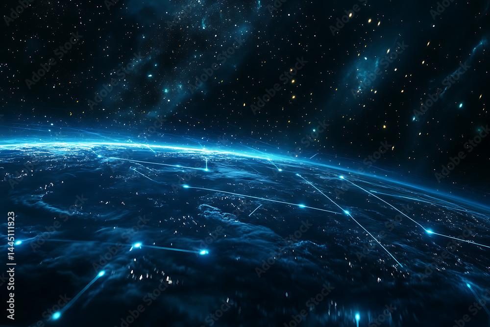 Poster planet earth in space , binary code technology , glowing sphere on black background