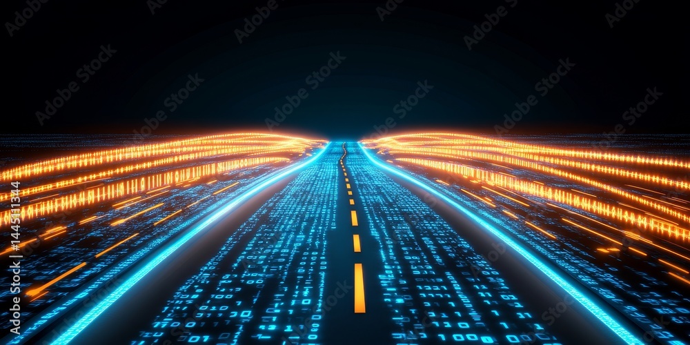Canvas Prints lines of digital data stream flowing forward, cyberspace tunnel, virtual road glowing particles