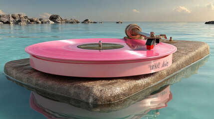 Vintage Pink Vinyl Record Player on Floating Platform in Water