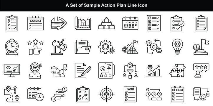 Action Plan Line Icon Vector Set, Strategy Task Goal Graphics