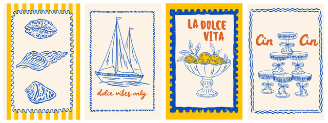Summer Italy la dolce vita vintage posters. Amalfi or Sicily print, wall art, vector travel postcard stamp, summer emblem, placard or poster. Retro frame border element design. Vector illustration