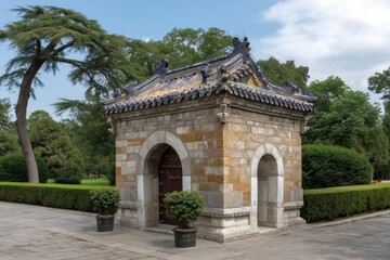 Obraz premium Intricate architecture featuring a small building with an ornate roof and arched doorway surrounded