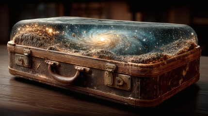 Vintage Suitcase with Cosmic Galaxy Inside for Travel and Adventure