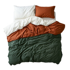 Cozy, wrinkled bed with layered bedding including white, rust, and dark green comforters and pillows in a contemporary bedroom setting on transparent background