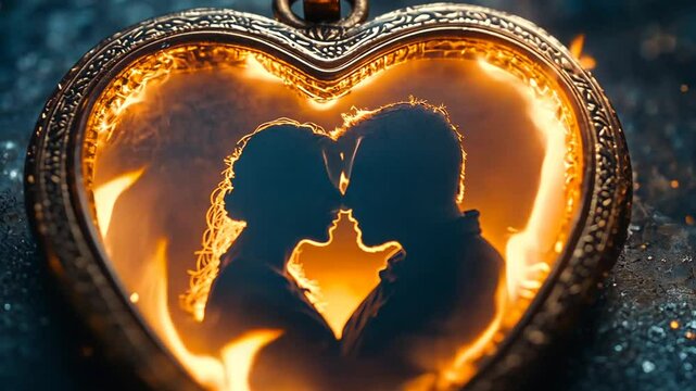 Burning Heart: A fiery symbol of passionate love, a couple's silhouette encased within a heart-shaped locket engulfed in flames, symbolizing eternal love.