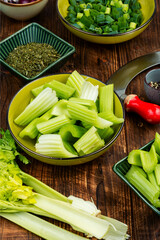 Cut raw celery stalks.