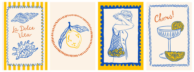 Hand draw la dolce vita vintage posters with lemon. Italian amalfi sicily style vacation vector illustrations in ink line doodle sketch style. Chalk charcoal style drawing for poster, placard or print