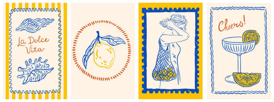 Hand draw la dolce vita vintage posters with lemon. Italian amalfi sicily style vacation vector illustrations in ink line doodle sketch style. Chalk charcoal style drawing for poster, placard or print