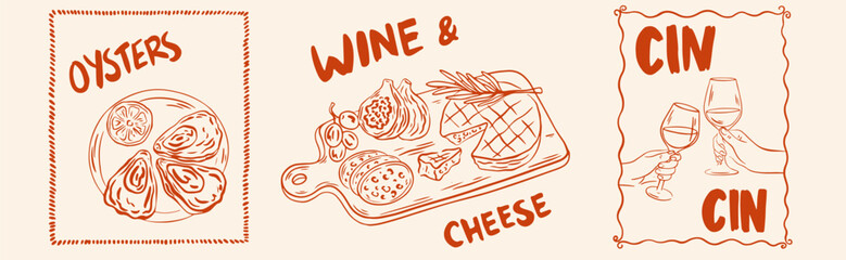 Hand draw La Dolce vita lifestyle illustrations. Picnic in french or italian style with wine, charcuterie, cheese, oyster. Chalk charcoal style drawing for poster, placard or print