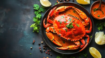 Crab dish with red sauce and herbs