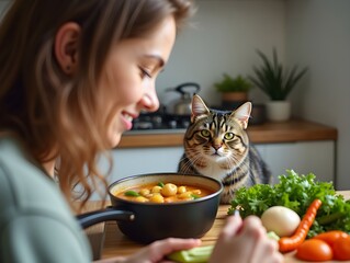 Woman Cooking Vegetable Soup in Kitchen with Cat Watching Closely