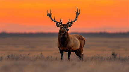 Fototapeta premium Majestic Elk Stands Tall Against a Fiery Sunset Sky in a Grassy