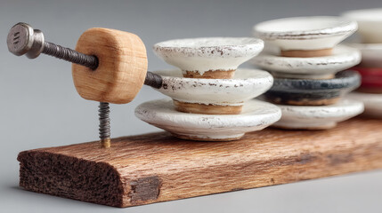 Vintage Wooden Abacus with White and Black Discs on a Brown Base