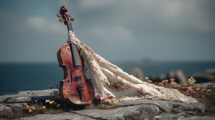 Violin on Scenic Rock Surface with Floral Lace and Ocean Background