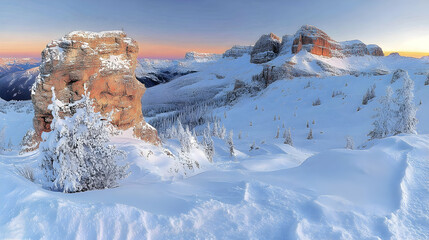 Winter Wonderland: Snowy Peaks and Frozen Trees at Dawn
