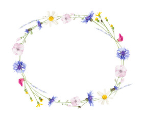 Watercolor floral oval round wreath frame. Wild meadow blue cornflowers, pink, violet, orange, yellow flowers, green branches. Hand drawn style illustration. Artistic template design.