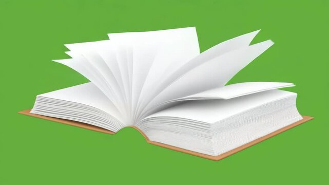 Open book with orange hardcover isolated cut out on green screen chroma key background. Blank white pages flipping by themselves. Education, literature copybook mockup/template.