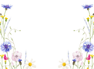Watercolor floral symmetrical frame template. Wild meadow blue cornflowers, pink, violet, orange, yellow flowers, green branches. Hand drawn style illustration. Artistic template design.