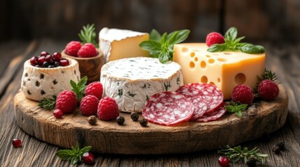 Rustic cheese board with salami and berries