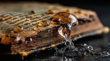 Water Droplets on Antique Book Page with Ricochet Effect