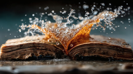 Water Splashing on Open Book Pages with Vintage Feel and Texture