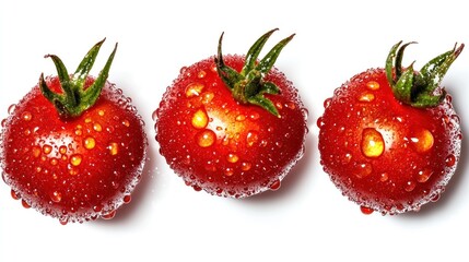 Fresh, vibrant, juicy, red cherry tomatoes, glistening with water droplets