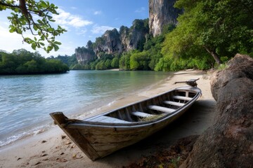 Obraz premium Wooden Boat on Sandy Beach with Cliffs and Trees