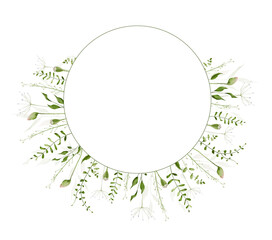 Watercolor floral greenery round wreath frame. Meadow sage, green wild branches, leaves, herbs, flower buds. Artistic template design.