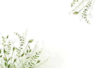 Watercolor floral greenery corner angular frame. Meadow green poppy flower buds, branches, leaves, herbs, abstract washes background. Hand drawn style illustration. Artistic template design.